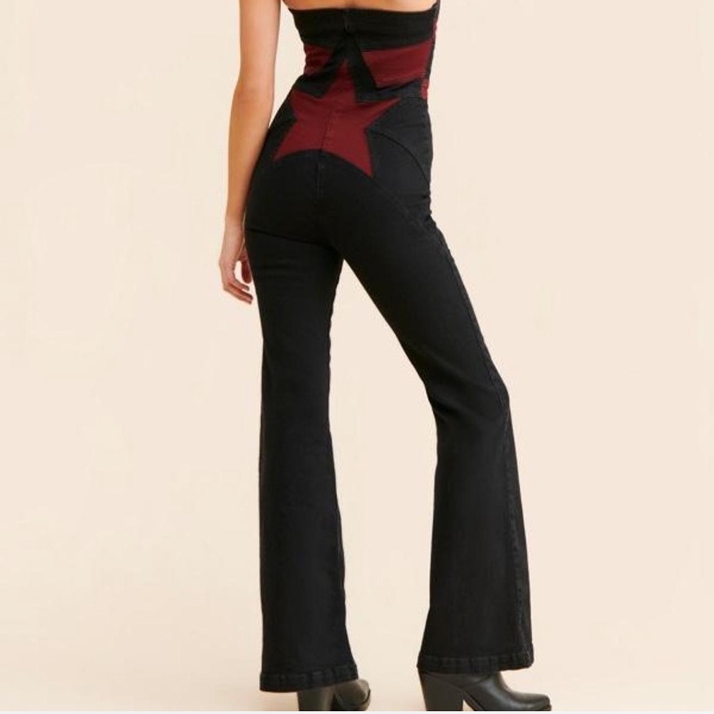 Free People Black Flared Jumpsuit with Burgundy Back Panel